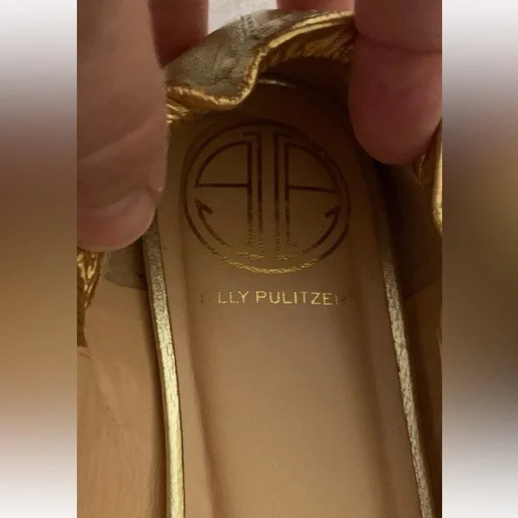 Lilly Pulitzer Gold Leather Ballet Flats Lion Heads Knock Brown Ribbon Size 9 - Picture 16 of 16